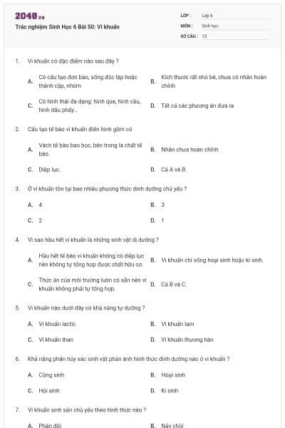Trắc nghiệm Sinh Học 6 Bài 50: Vi khuẩn