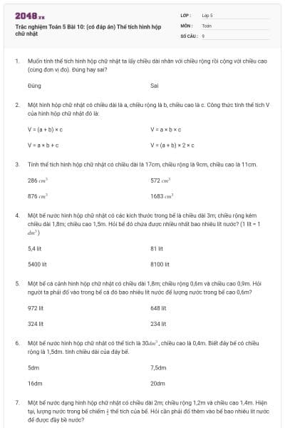 Trắc nghiệm Toán 5 Bài 10: (có đáp án) Thể tích hình hộp chữ nhật