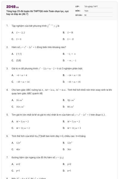 Tổng hợp 25 đề luyện thi THPTQG môn Toán chọn lọc, cực hay có đáp án (đề 7)