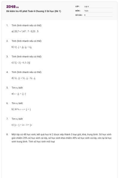 Đề kiểm tra 45 phút Toán 6 Chương 3 Số học (Đề 1)