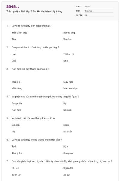 Trắc nghiệm Sinh Học 6 Bài 40: Hạt trần - cây thông