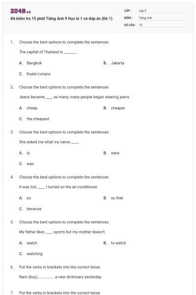 Đề kiểm tra 15 phút Tiếng Anh 9 Học kì 1 có đáp án (Đề 1)