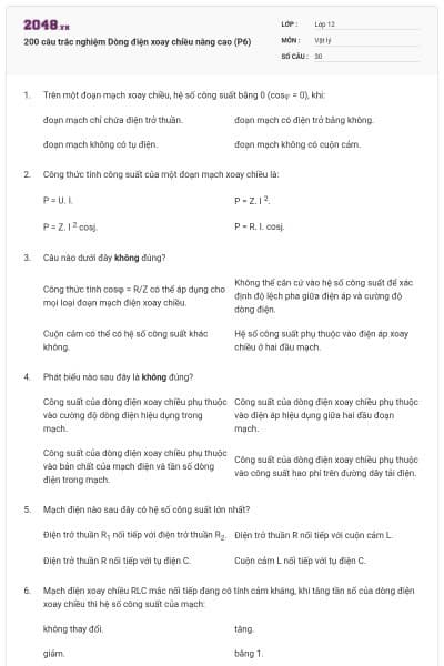 200 câu trắc nghiệm Dòng điện xoay chiều nâng cao (P6)