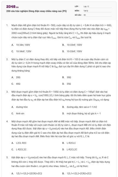 200 câu trắc nghiệm Dòng điện xoay chiều nâng cao (P5)