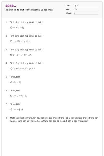 Đề kiểm tra 45 phút Toán 6 Chương 3 Số học (Đề 2)