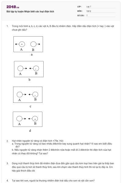 Bài tập tự luyện Nhận biết các loại điện tích
