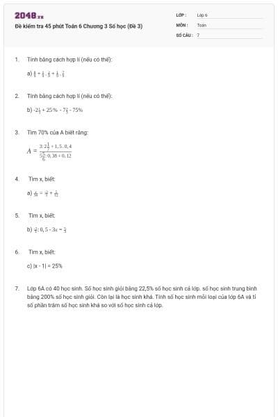 Đề kiểm tra 45 phút Toán 6 Chương 3 Số học (Đề 3)
