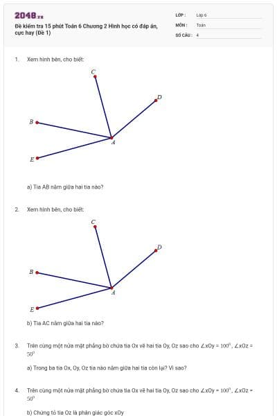 Đề kiểm tra 15 phút Toán 6 Chương 2 Hình học có đáp án, cực hay (Đề 1)