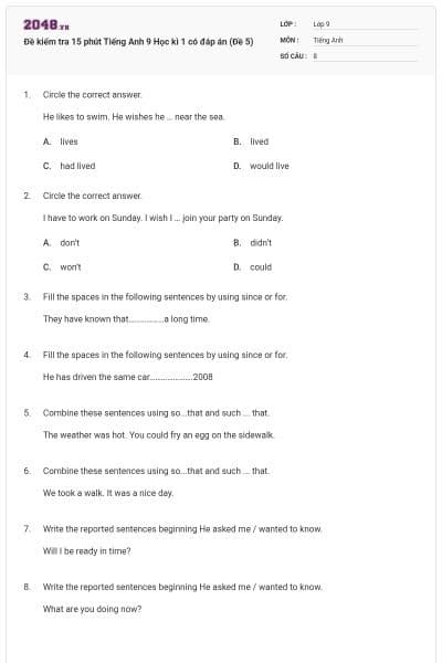 Đề kiểm tra 15 phút Tiếng Anh 9 Học kì 1 có đáp án (Đề 5)
