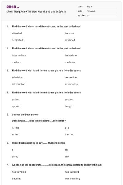 Đề thi Tiếng Anh 9 Thí điểm Học kì 2 có đáp án (Đề 1)