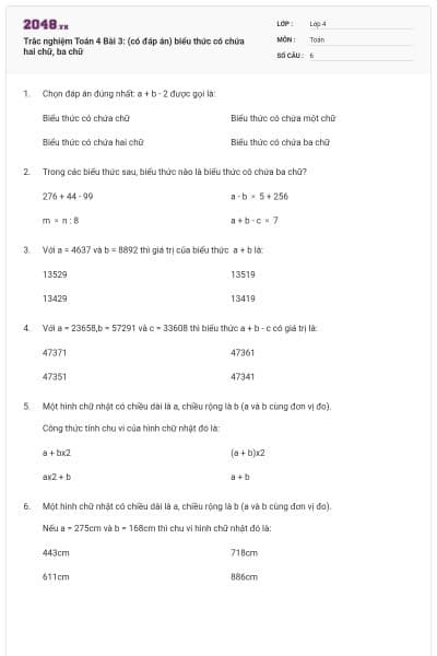 Trắc nghiệm Toán 4 Bài 3: (có đáp án) biểu thức có chứa hai chữ, ba chữ