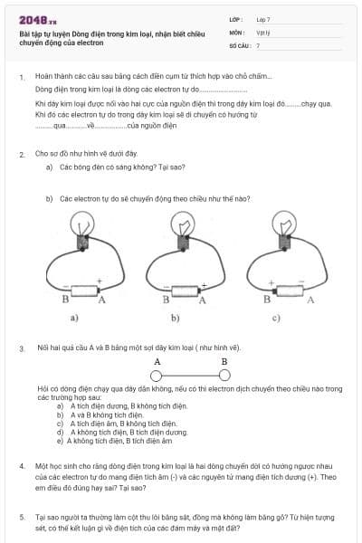 Bài tập tự luyện Dòng điện trong kim loại, nhận biết chiều chuyển động của electron