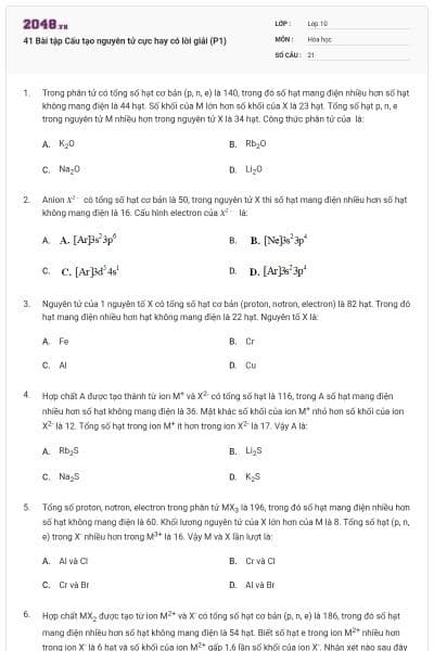 41 Bài tập Cấu tạo nguyên tử cực hay có lời giải (P1)