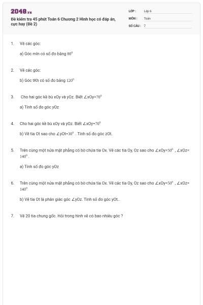 Đề kiểm tra 45 phút Toán 6 Chương 2 Hình học có đáp án, cực hay (Đề 2)