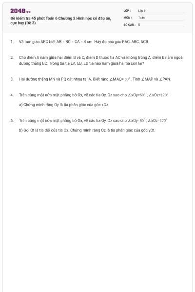 Đề kiểm tra 45 phút Toán 6 Chương 2 Hình học có đáp án, cực hay (Đề 3)