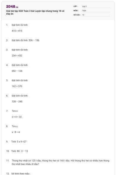 Giải bài tập SGK Toán 3 bài Luyện tập chung trang 18 có đáp án