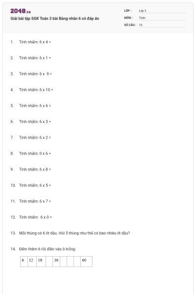 Giải bài tập SGK Toán 3 bài Bảng nhân 6 có đáp án