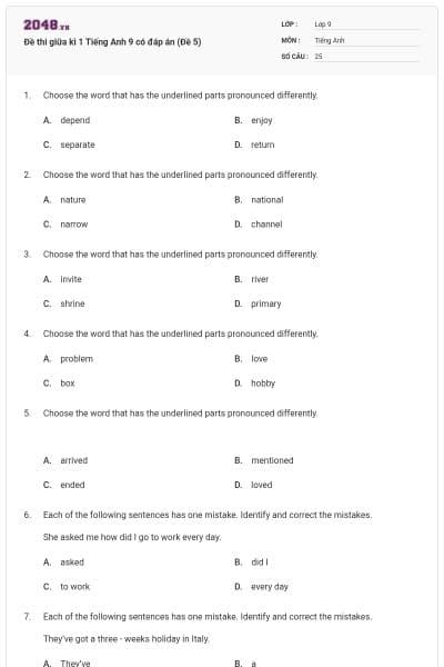 Đề thi giữa kì 1 Tiếng Anh 9 có đáp án (Đề 5)