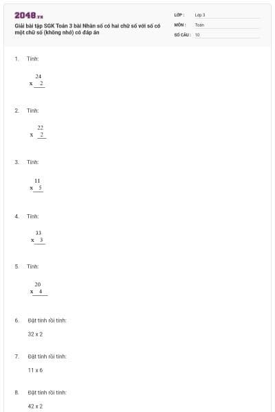 Giải bài tập SGK Toán 3 bài Nhân số có hai chữ số với số có một chữ số (không nhớ) có đáp án
