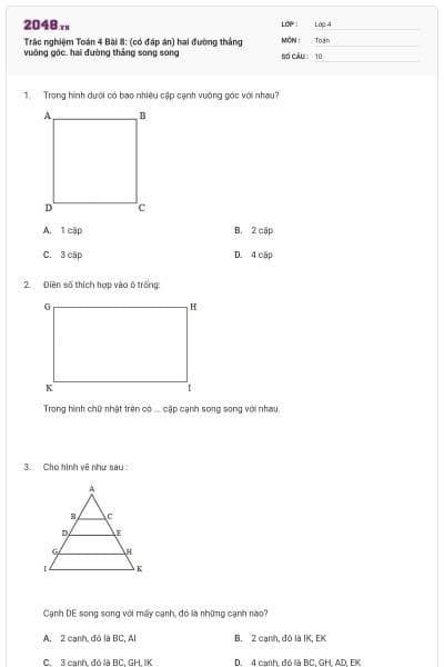 Trắc nghiệm Toán 4 Bài 8: (có đáp án) hai đường thẳng vuông góc. hai đường thẳng song song