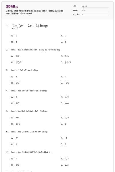 34 câu Trắc nghiệm Đại số và Giải tích 11 Bài 2 (Có đáp án): Giới hạn của hàm số