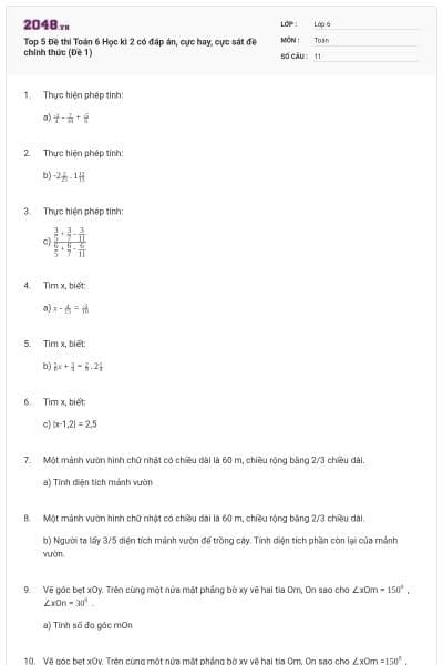 Top 5 Đề thi Toán 6 Học kì 2 có đáp án, cực hay, cực sát đề chính thức (Đề 1)