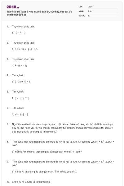 Top 5 Đề thi Toán 6 Học kì 2 có đáp án, cực hay, cực sát đề chính thức (Đề 2)