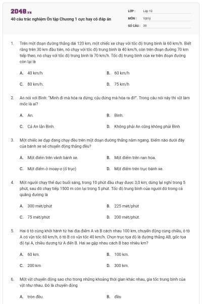 40 câu trắc nghiệm Ôn tập Chương 1 cực hay có đáp án