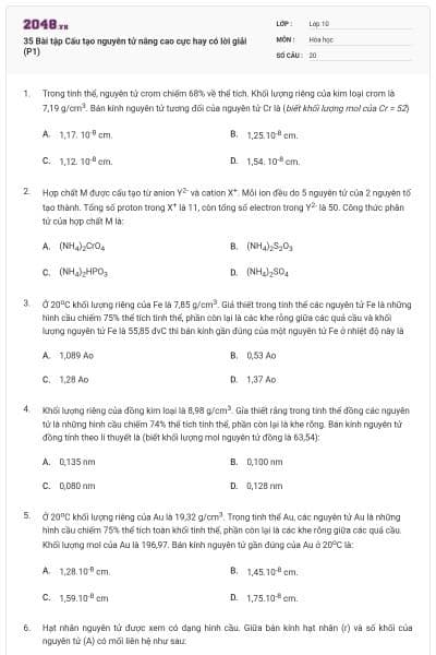 35 Bài tập Cấu tạo nguyên tử nâng cao cực hay có lời giải (P1)