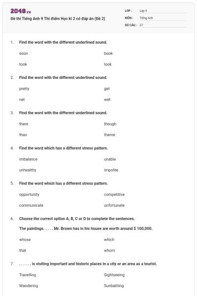 Đề thi Tiếng Anh 9 Thí điểm Học kì 2 có đáp án (Đề 2)