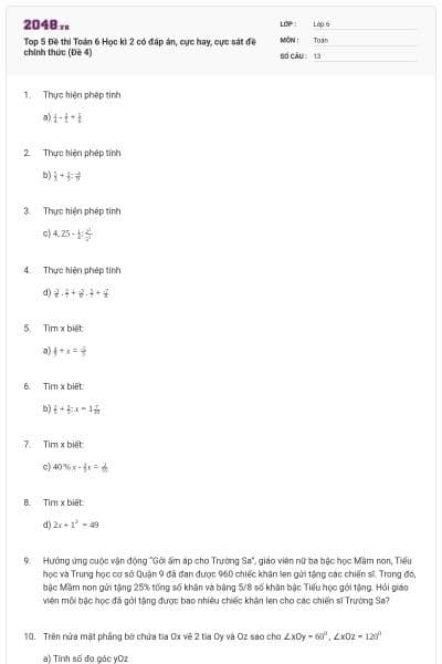 Top 5 Đề thi Toán 6 Học kì 2 có đáp án, cực hay, cực sát đề chính thức (Đề 4)