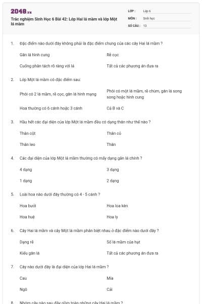 Trắc nghiệm Sinh Học 6 Bài 42: Lớp Hai lá mầm và lớp Một lá mầm