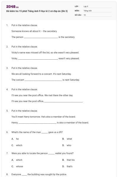 Đề kiểm tra 15 phút Tiếng Anh 9 Học kì 2 có đáp án (Đề 3)