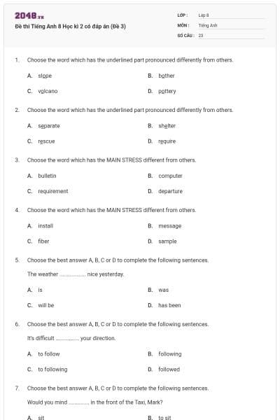 Đề thi Tiếng Anh 8 Học kì 2 có đáp án (Đề 3)