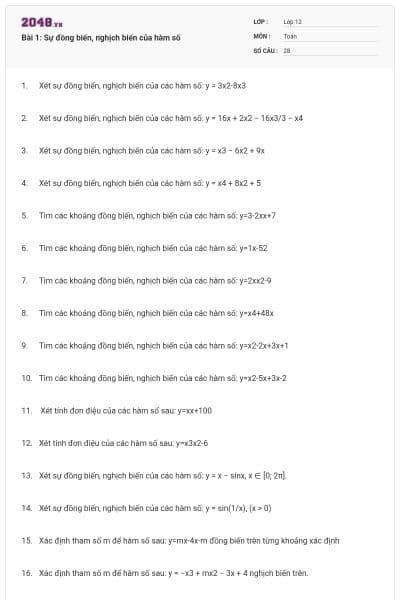 Bài 1: Sự đồng biến, nghịch biến của hàm số