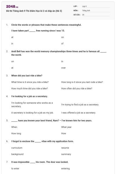 Đề thi Tiếng Anh 9 Thí điểm Học kì 2 có đáp án (Đề 3)