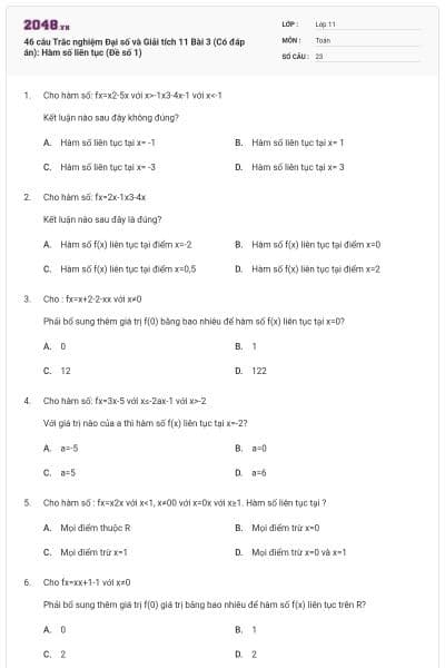 46 câu Trắc nghiệm Đại số và Giải tích 11 Bài 3 (Có đáp án): Hàm số liên tục (Đề số 1)