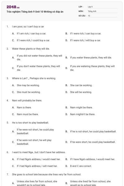 Trắc nghiệm Tiếng Anh 9 Unit 10 Writing có đáp án