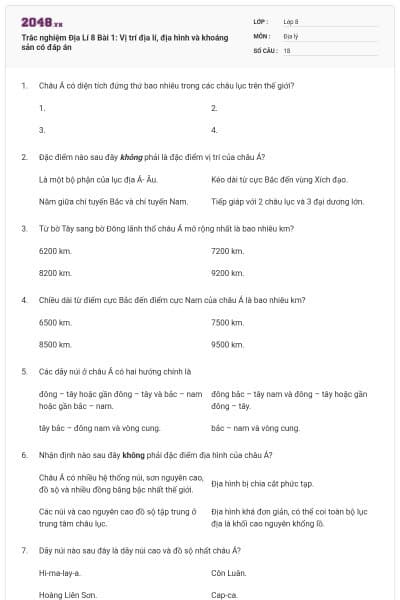 Trắc nghiệm Địa Lí 8 Bài 1: Vị trí địa lí, địa hình và khoáng sản có đáp án