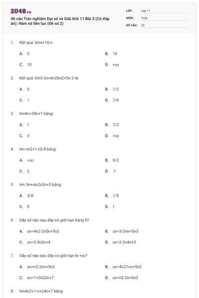 46 câu Trắc nghiệm Đại số và Giải tích 11 Bài 3 (Có đáp án): Hàm số liên tục (Đề số 2)