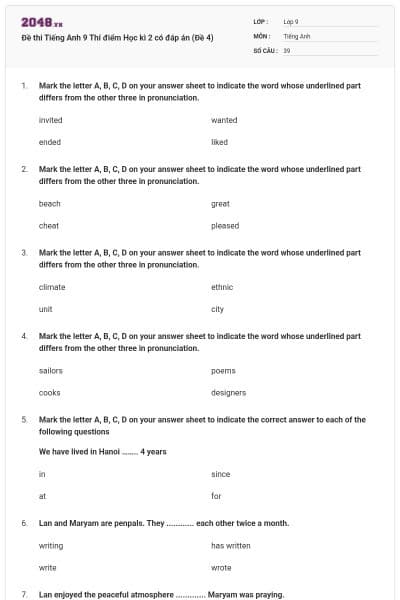 Đề thi Tiếng Anh 9 Thí điểm Học kì 2 có đáp án (Đề 4)