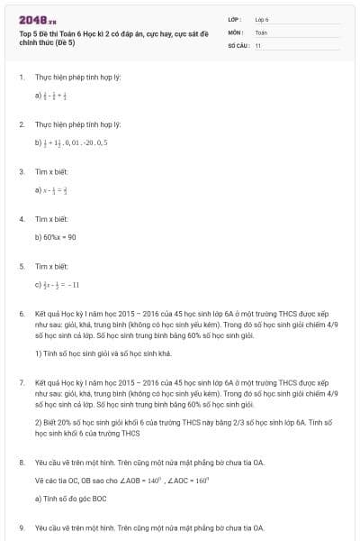 Top 5 Đề thi Toán 6 Học kì 2 có đáp án, cực hay, cực sát đề chính thức (Đề 5)