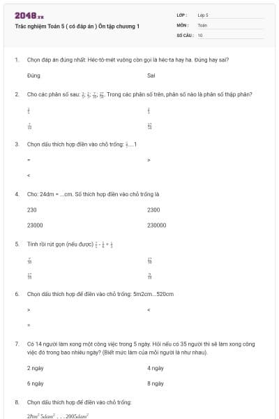 Trắc nghiệm Toán 5 ( có đáp án ) Ôn tập chương 1