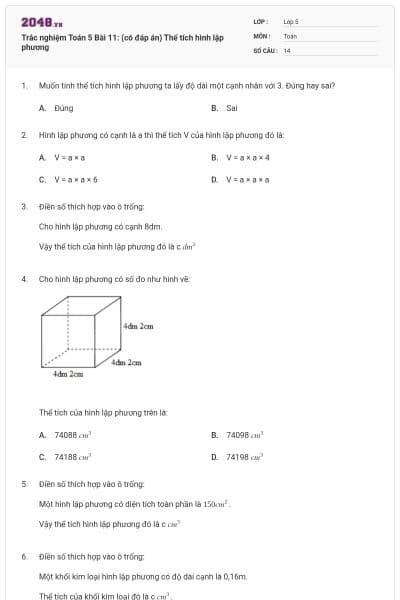 Trắc nghiệm Toán 5 Bài 11: (có đáp án) Thể tích hình lập phương
