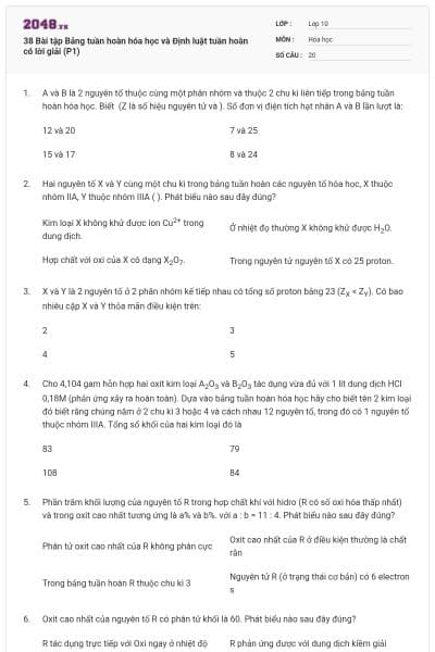 38 Bài tập Bảng tuần hoàn hóa học và Định luật tuần hoàn có lời giải (P1)