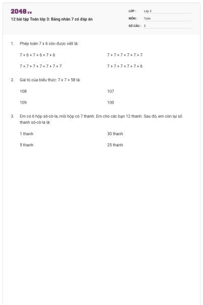 12 bài tập Toán lớp 3: Bảng nhân 7 có đáp án