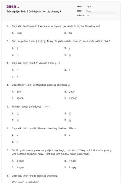 Trắc nghiệm Toán 5 ( có đáp án ) Ôn tập chương 1