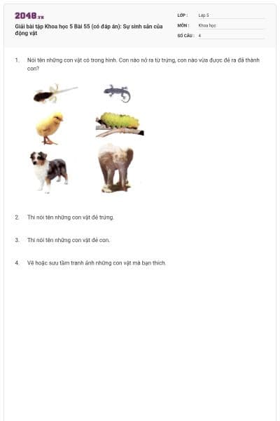Giải bài tập Khoa học 5 Bài 55 (có đáp án): Sự sinh sản của động vật