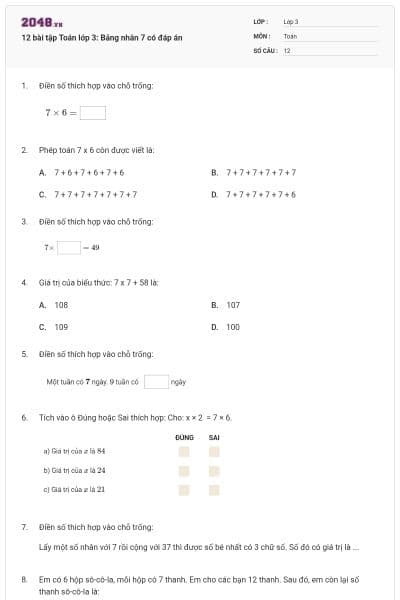 12 bài tập Toán lớp 3: Bảng nhân 7 có đáp án
