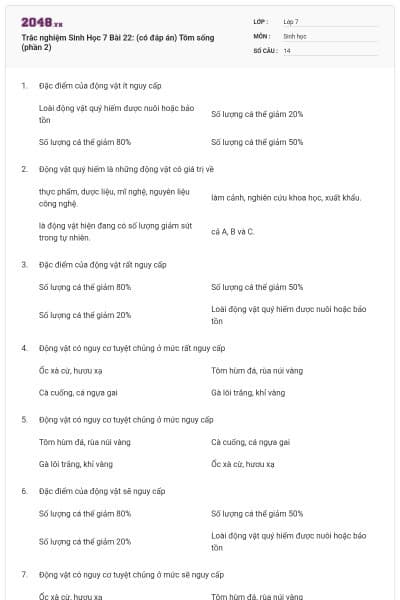 Trắc nghiệm Sinh Học 7 Bài 22: (có đáp án) Tôm sống (phần 2)